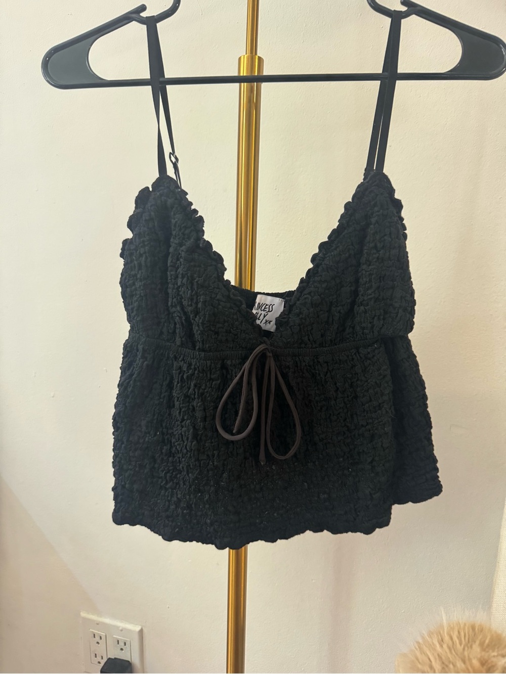 Princess Polly Black Textured Smocked Spaghetti Strap Tank Top